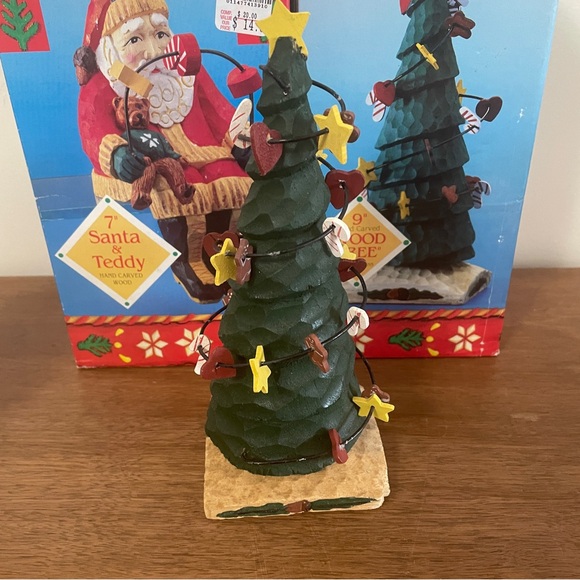 Figments of Folklore Hand Carved Wood Santa & Teddy 7”+ Christmas Tree 9” - Picture 9 of 14
